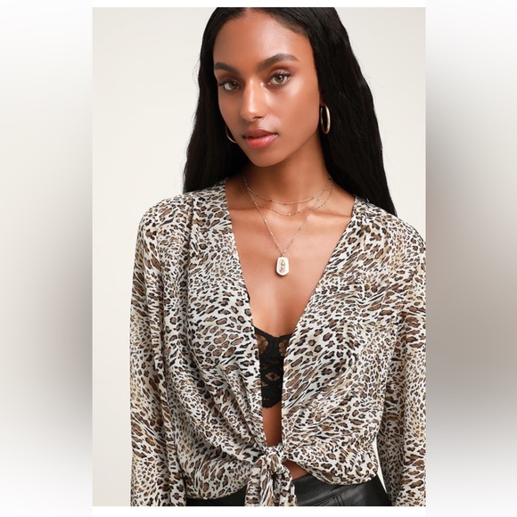Lulu’s Vivaldi Taupe Leopard Print Sheer Tie-Front Top - Picture 3 of 5